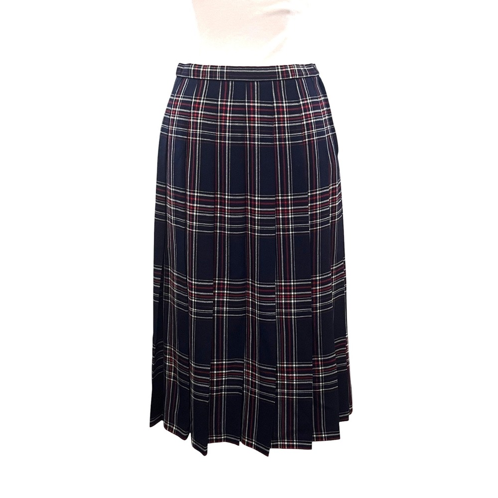 Pendleton Pleated Long Skirt 10P 80s Navy Blue Red White Wool‎ Academia Preppy